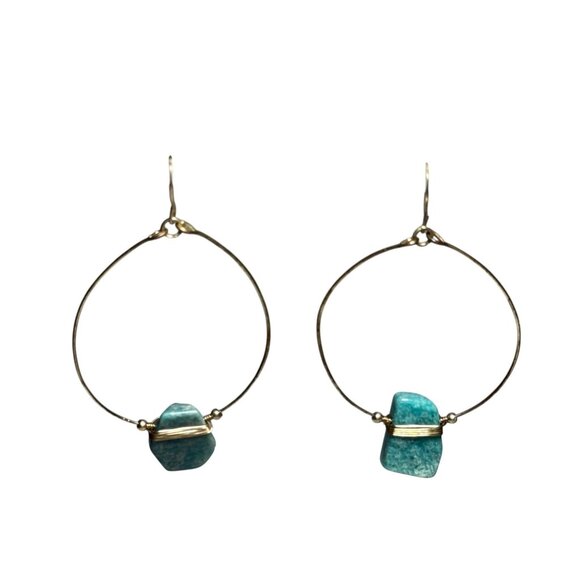 Gold Hoop Earrings with Natural Amazonite Stone Dangle Boho Handmade Jewelry - Picture 3 of 6